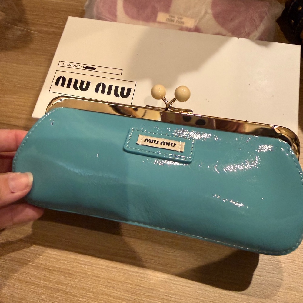 Miu Miu Turquoise Patent Leather kiss lock Clutch with crossbody strap